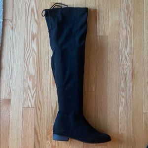 Black faux-suede over the knee tie boots